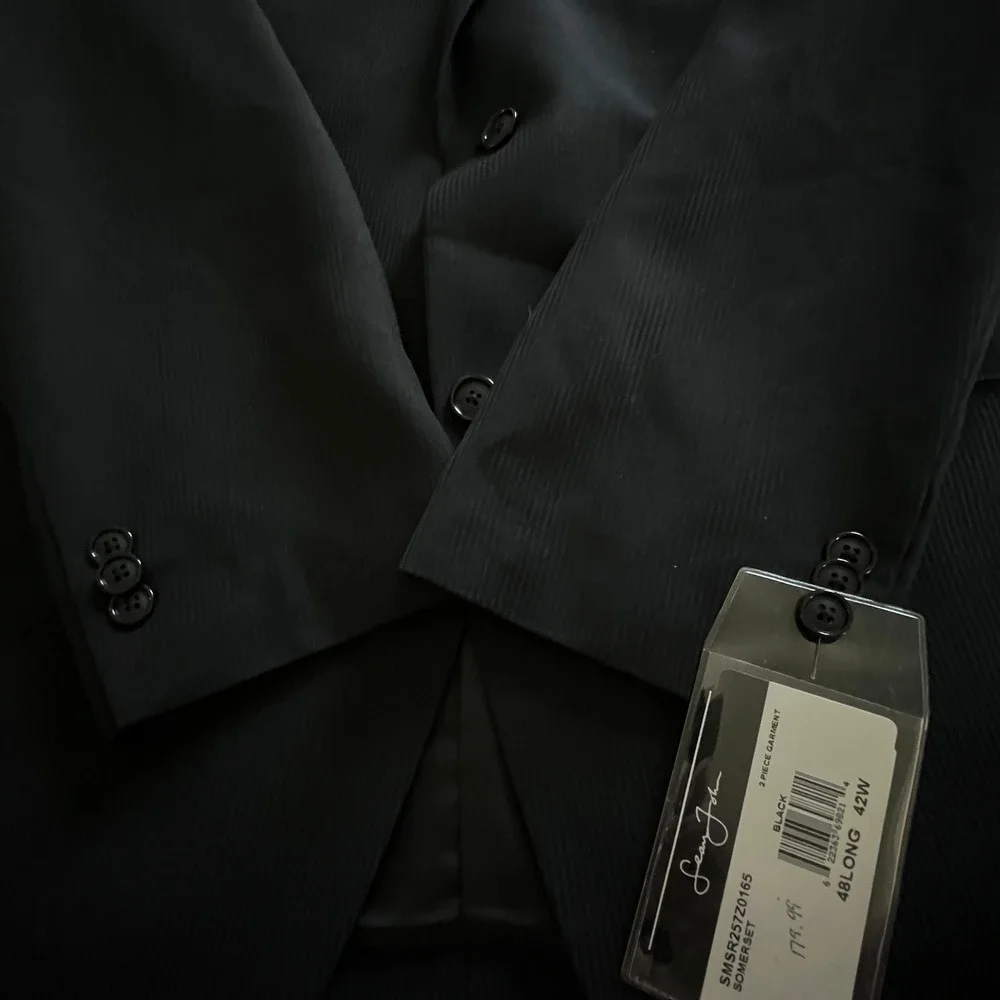 Sean John Suit Coat Pants 2 pc 48L 42W Black Stretch Raw Hem Legs Altered Wide